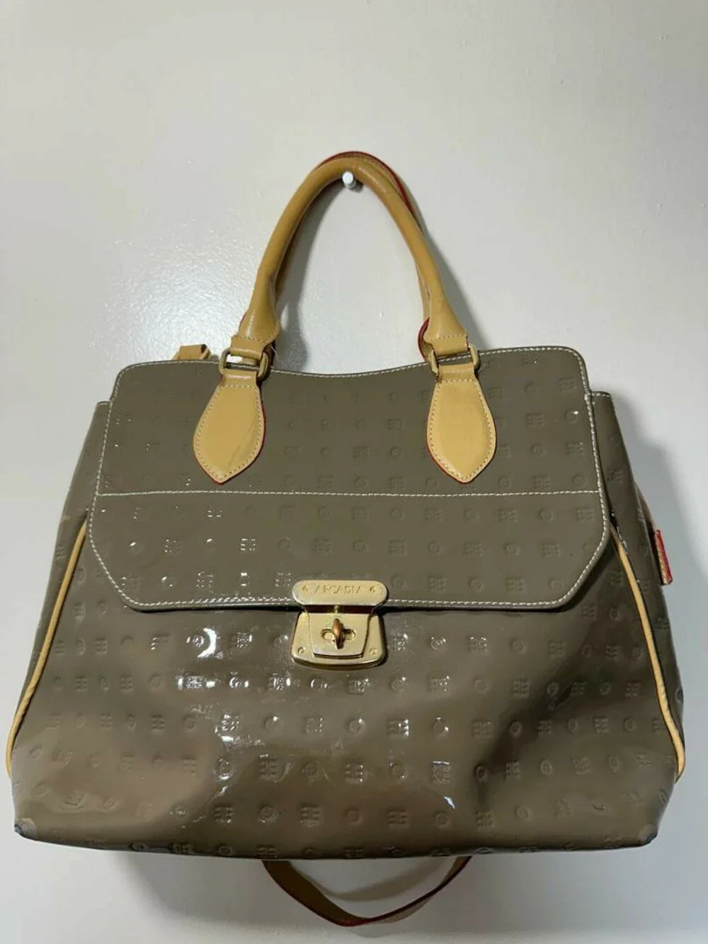 ARCADIA Italy Logo Embossed Patent Leather Satchel Top Handle Bag